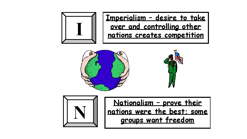 I Imperialism – desire to take over and controlling other nations creates competition N