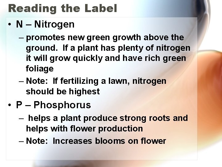 Reading the Label • N – Nitrogen – promotes new green growth above the