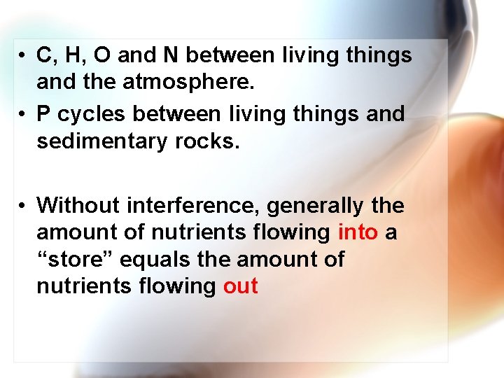  • C, H, O and N between living things and the atmosphere. •