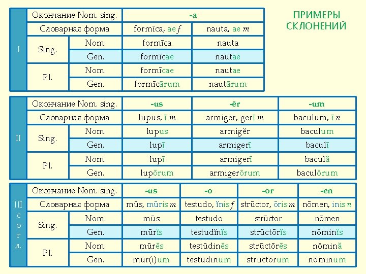 Окончание Nom. sing. Словарная форма I Sing. Pl. II formīca, ae f nauta, ae