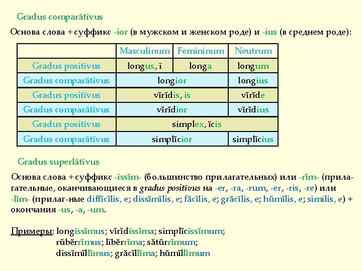 Gradus comparātīvus Основа слова + суффикс -ior (в мужском и женском роде) и -ius