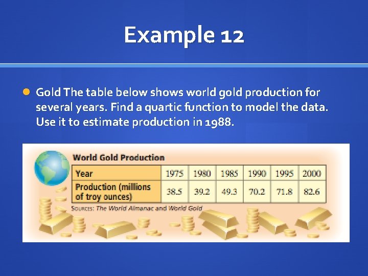 Example 12 Gold The table below shows world gold production for several years. Find