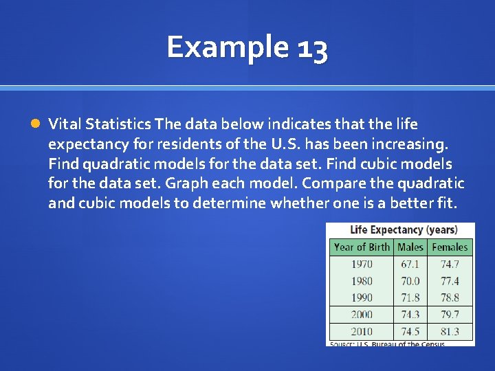 Example 13 Vital Statistics The data below indicates that the life expectancy for residents