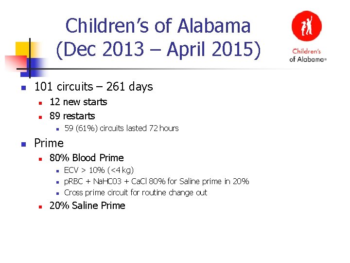 Children’s of Alabama (Dec 2013 – April 2015) n 101 circuits – 261 days