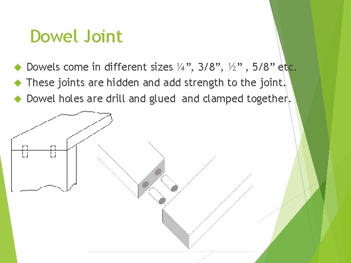 Dowel Joint Dowels come in different sizes ¼”, 3/8”, ½” , 5/8” etc. These