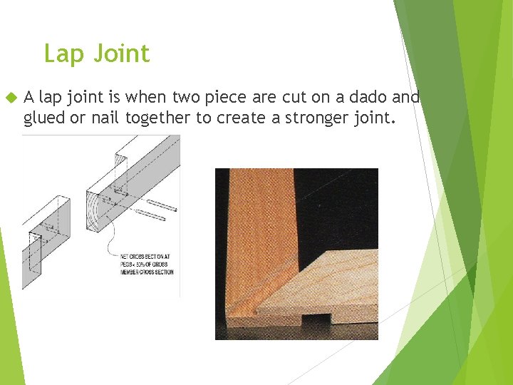Lap Joint A lap joint is when two piece are cut on a dado