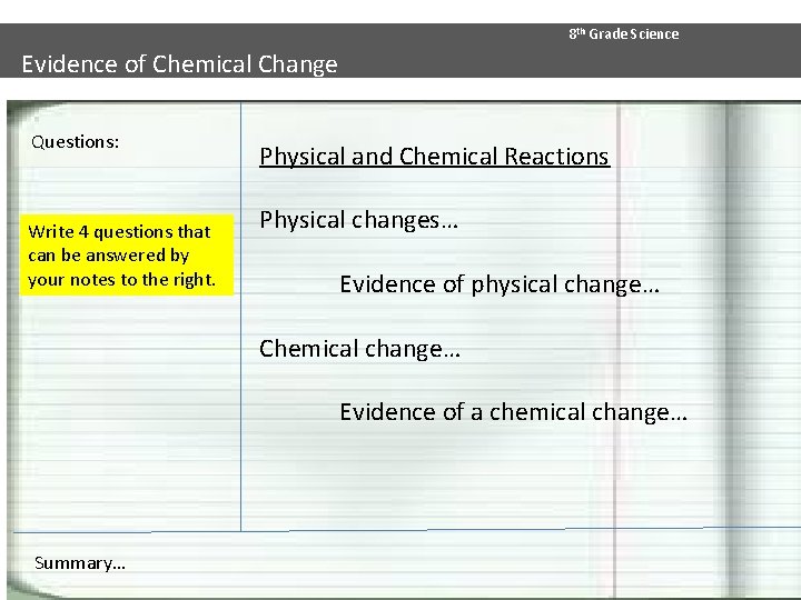8 th Grade Science Evidence of Chemical Change Questions: Write 4 questions that can
