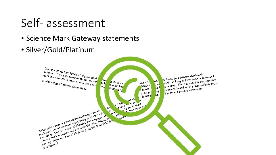 Self- assessment • Science Mark Gateway statements • Silver/Gold/Platinum Stude nts sh ow scienc