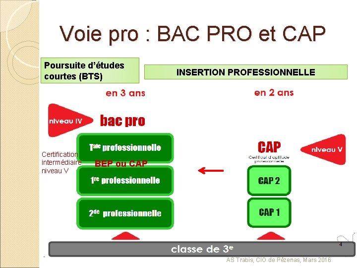 Voie pro : BAC PRO et CAP Poursuite d’études courtes (BTS) Certification intermédiaire niveau