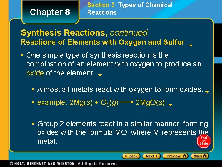 Chapter 8 Section 2 Types of Chemical Reactions Synthesis Reactions, continued Reactions of Elements