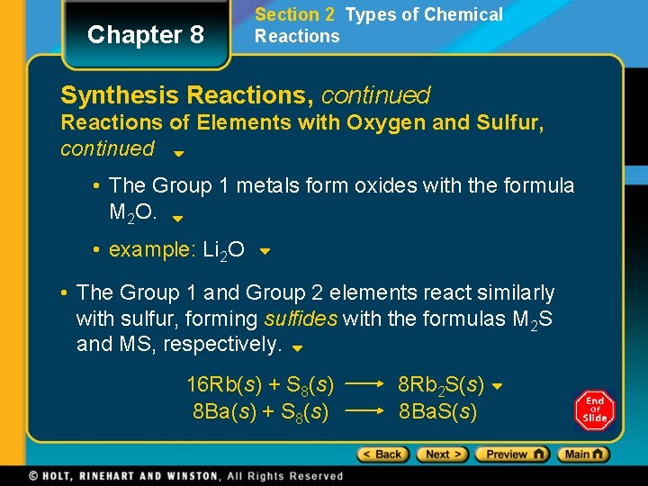 Chapter 8 Section 2 Types of Chemical Reactions Synthesis Reactions, continued Reactions of Elements
