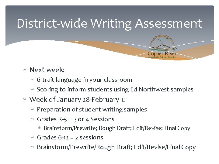 District-wide Writing Assessment Next week: 6 -trait language in your classroom Scoring to inform