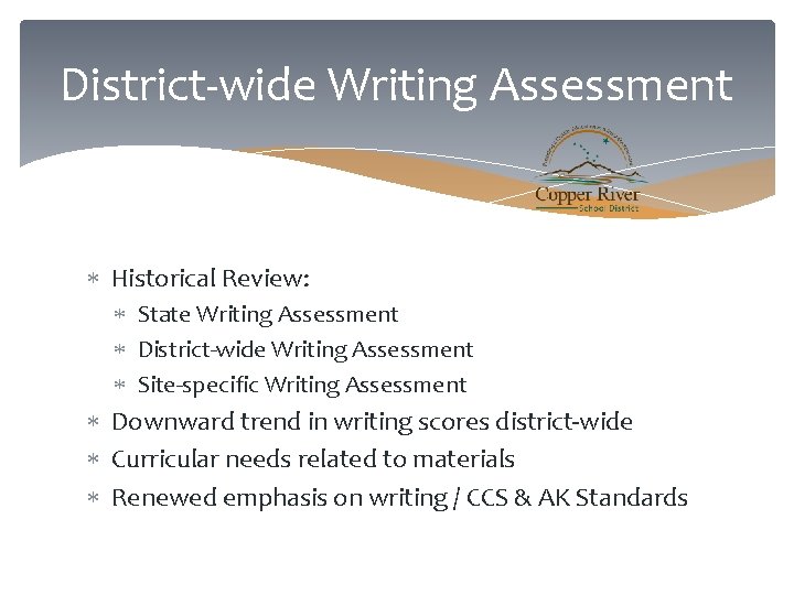 District-wide Writing Assessment Historical Review: State Writing Assessment District-wide Writing Assessment Site-specific Writing Assessment