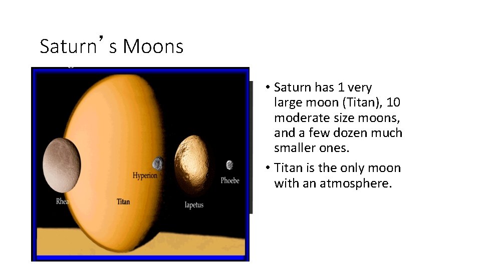 Saturn’s Moons • Saturn has 1 very large moon (Titan), 10 moderate size moons,