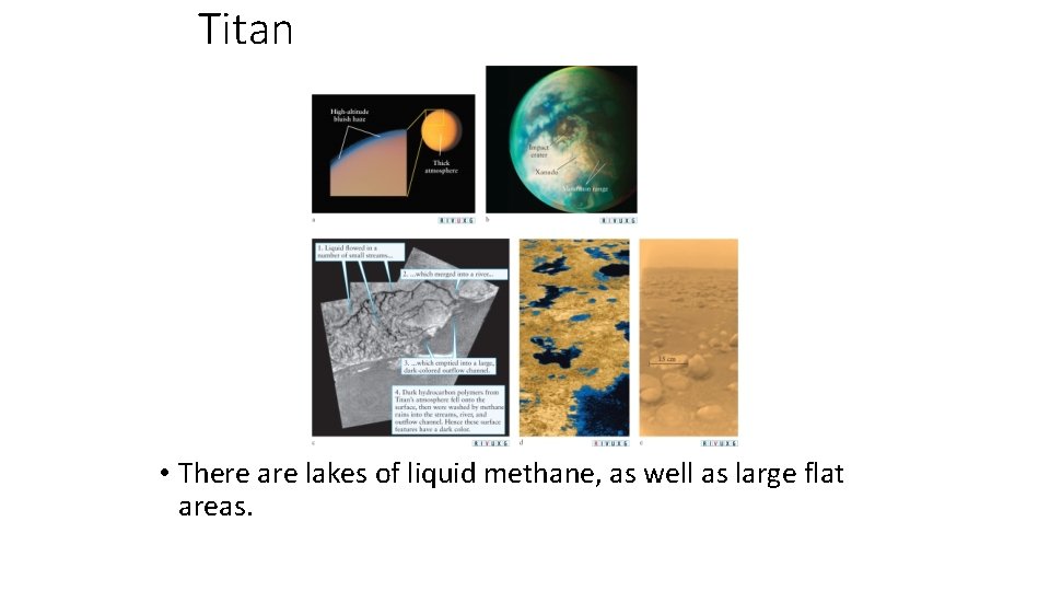 Titan • There are lakes of liquid methane, as well as large flat areas.