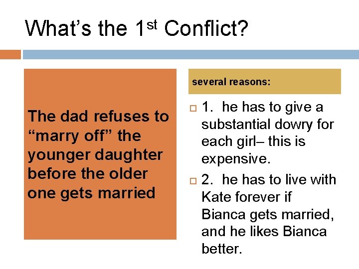 What’s the st 1 Conflict? several reasons: The dad refuses to “marry off” the