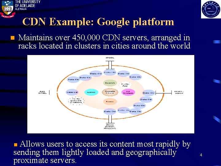 CDN Example: Google platform n Maintains over 450, 000 CDN servers, arranged in racks