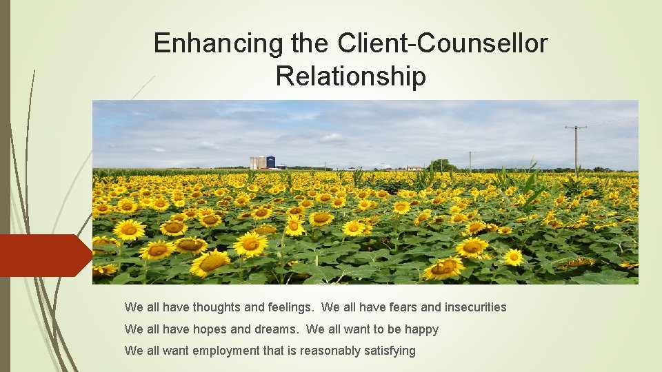 Enhancing the Client-Counsellor Relationship We all have thoughts and feelings. We all have fears