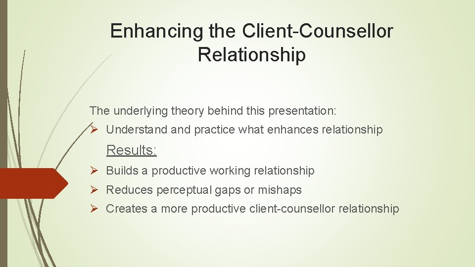 Enhancing the Client-Counsellor Relationship The underlying theory behind this presentation: Ø Understand practice what