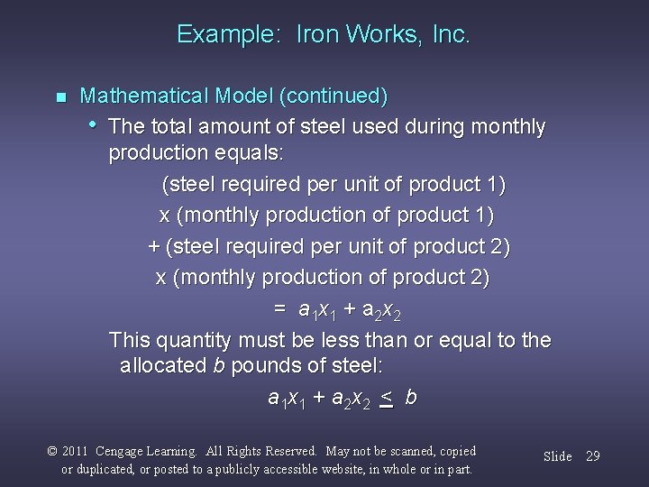 Example: Iron Works, Inc. n Mathematical Model (continued) • The total amount of steel