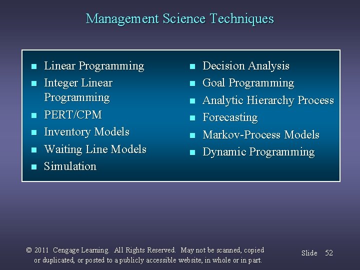 Management Science Techniques n n n Linear Programming Integer Linear Programming PERT/CPM Inventory Models