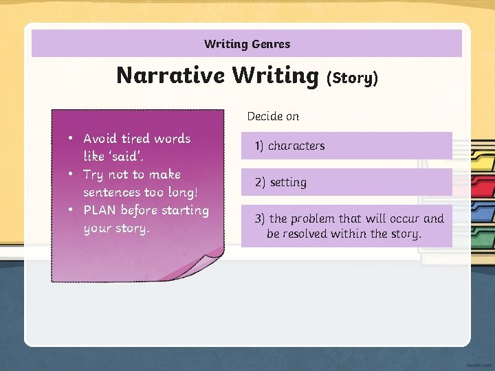 Writing Genres Narrative Writing (Story) Decide on • Avoid tired words like ‘said’. •