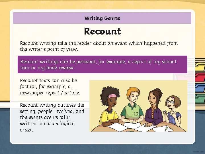 Writing Genres Recount writing tells the reader about an event which happened from the