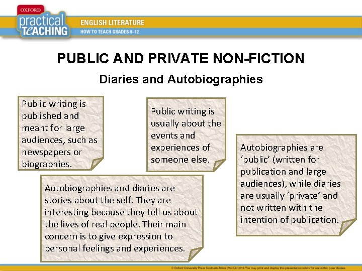 PUBLIC AND PRIVATE NON-FICTION Diaries and Autobiographies Public writing is published and meant for