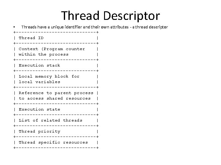 Thread Descriptor • Threads have a unique identifier and their own attributes - a