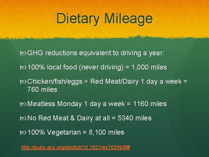 Dietary Mileage GHG reductions equivalent to driving a year: 100% local food (never driving)