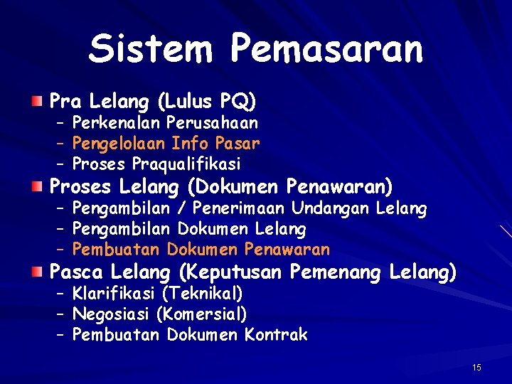 Sistem Pemasaran Pra Lelang (Lulus PQ) – Perkenalan Perusahaan – Pengelolaan Info Pasar –