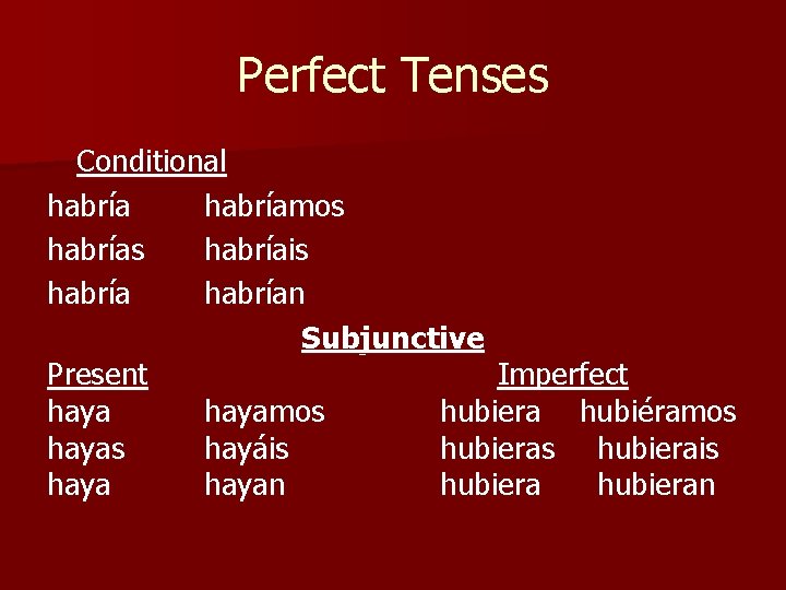 Perfect Tenses Conditional habríamos habríais habrían Subjunctive Present Imperfect hayamos hubiera hubiéramos hayas hayáis