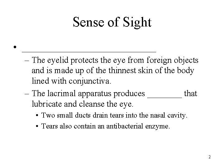 Sense of Sight • ______________ – The eyelid protects the eye from foreign objects