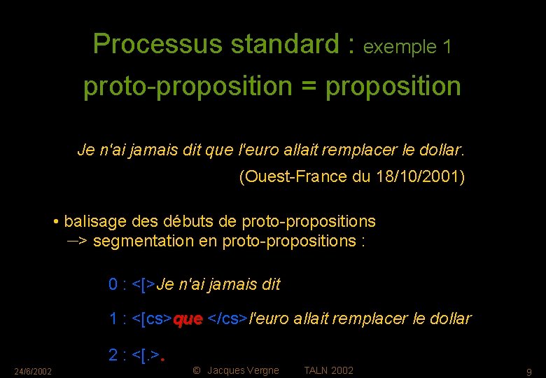 Processus standard : exemple 1 proto-proposition = proposition Je n'ai jamais dit que l'euro