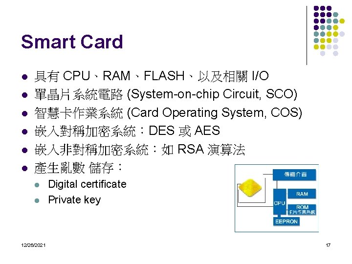 Smart Card l l l 具有 CPU、RAM、FLASH、以及相關 I/O 單晶片系統電路 (System-on-chip Circuit, SCO) 智慧卡作業系統 (Card