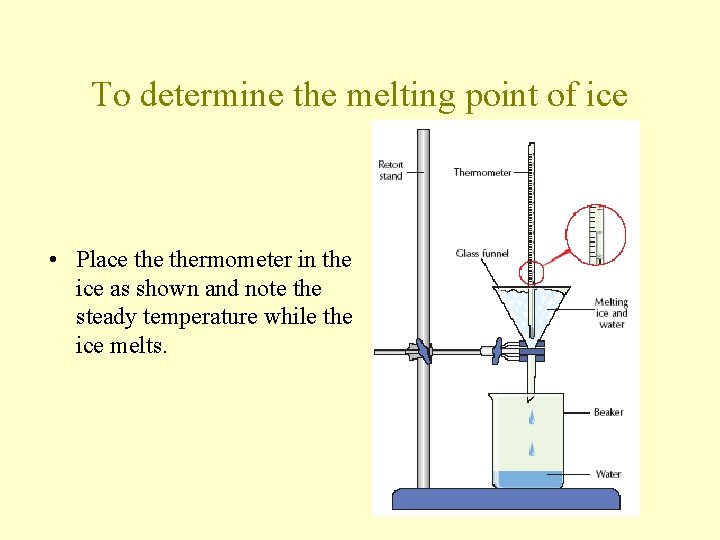 To determine the melting point of ice • Place thermometer in the ice as