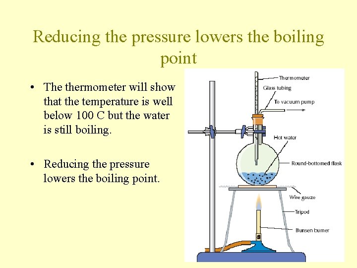 Reducing the pressure lowers the boiling point • The thermometer will show that the