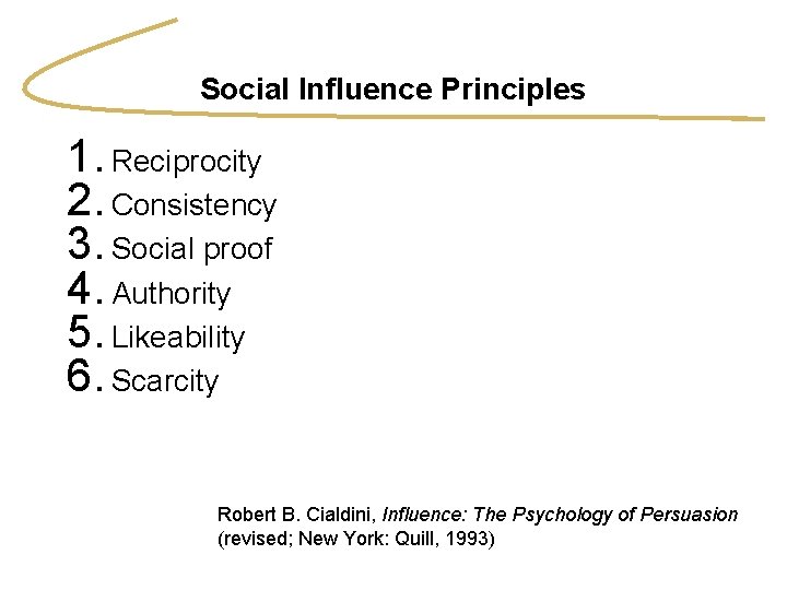 Social Influence Principles 1. Reciprocity 2. Consistency 3. Social proof 4. Authority 5. Likeability