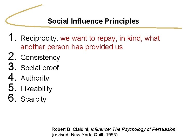 Social Influence Principles 1. Reciprocity: we want to repay, in kind, what 2. 3.