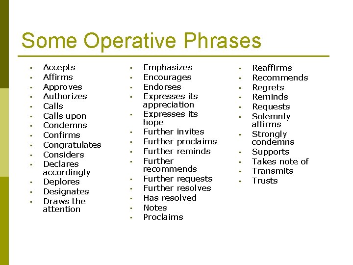 Some Operative Phrases • • • • Accepts Affirms Approves Authorizes Calls upon Condemns