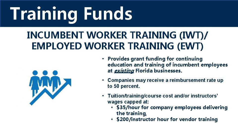 Training Funds INCUMBENT WORKER TRAINING (IWT)/ EMPLOYED WORKER TRAINING (EWT) • Provides grant funding