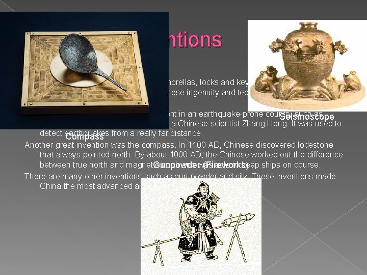 Famous Inventions Printed words on paper, silk scarves, umbrellas, locks and keys are a