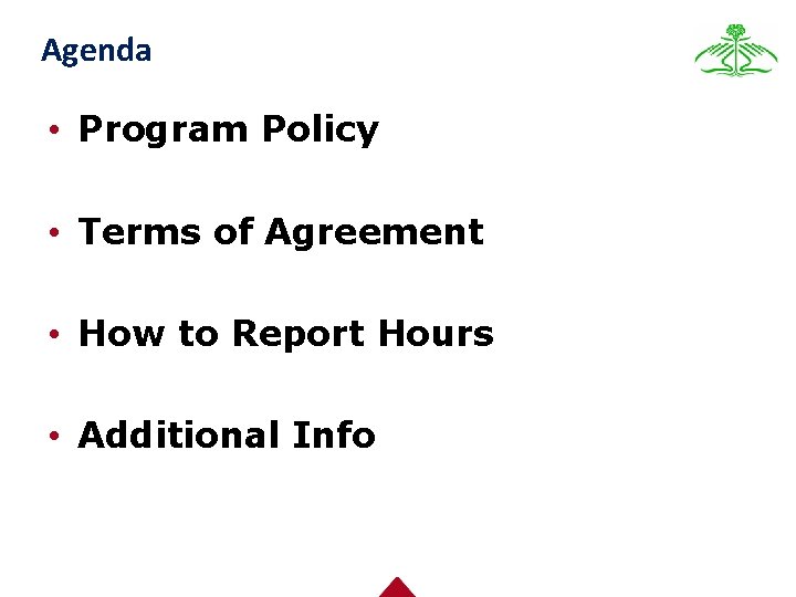 Agenda • Program Policy • Terms of Agreement • How to Report Hours •