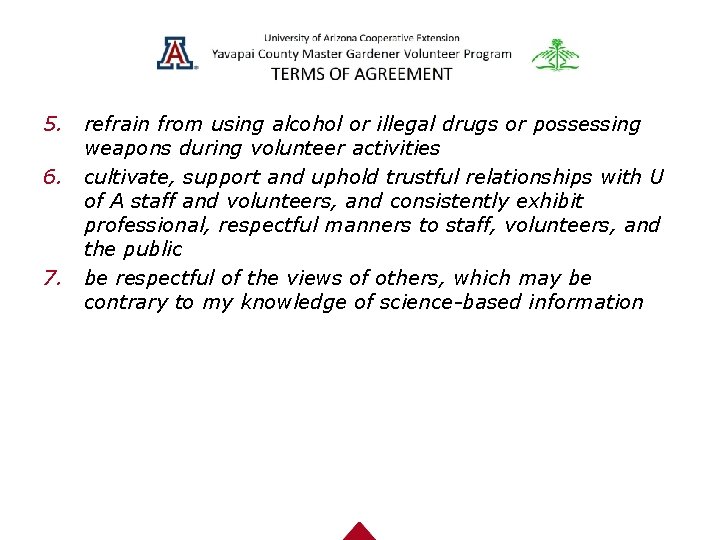 5. refrain from using alcohol or illegal drugs or possessing weapons during volunteer activities