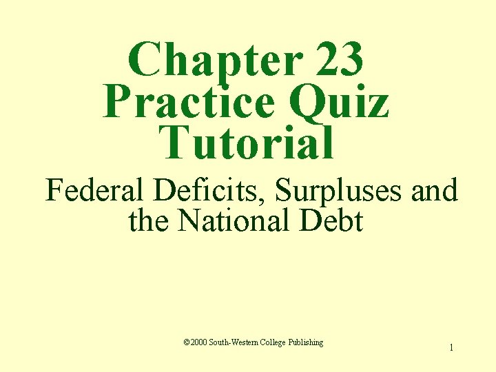 Chapter 23 Practice Quiz Tutorial Federal Deficits, Surpluses and the National Debt © 2000
