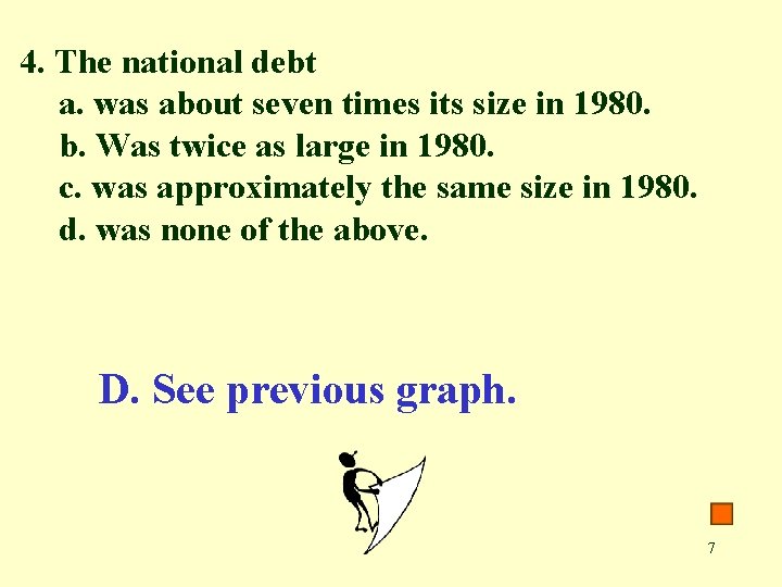 4. The national debt a. was about seven times its size in 1980. b.