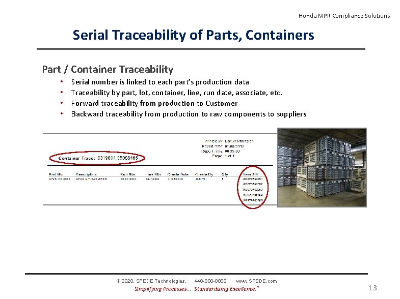 Honda MPR Compliance Solutions Serial Traceability of Parts, Containers Part / Container Traceability •
