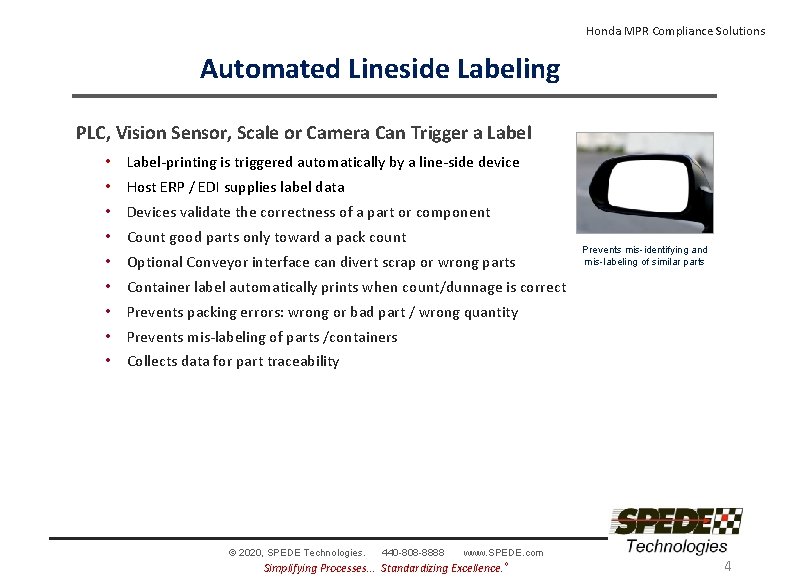 Honda MPR Compliance Solutions Automated Lineside Labeling PLC, Vision Sensor, Scale or Camera Can