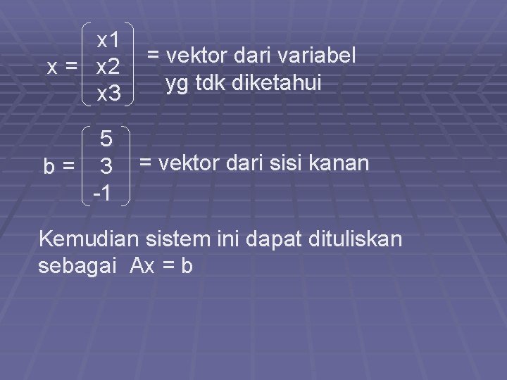 x 1 x = x 2 x 3 = vektor dari variabel yg tdk