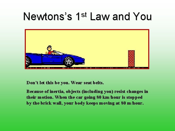 Newtons’s 1 st Law and You Don’t let this be you. Wear seat belts.